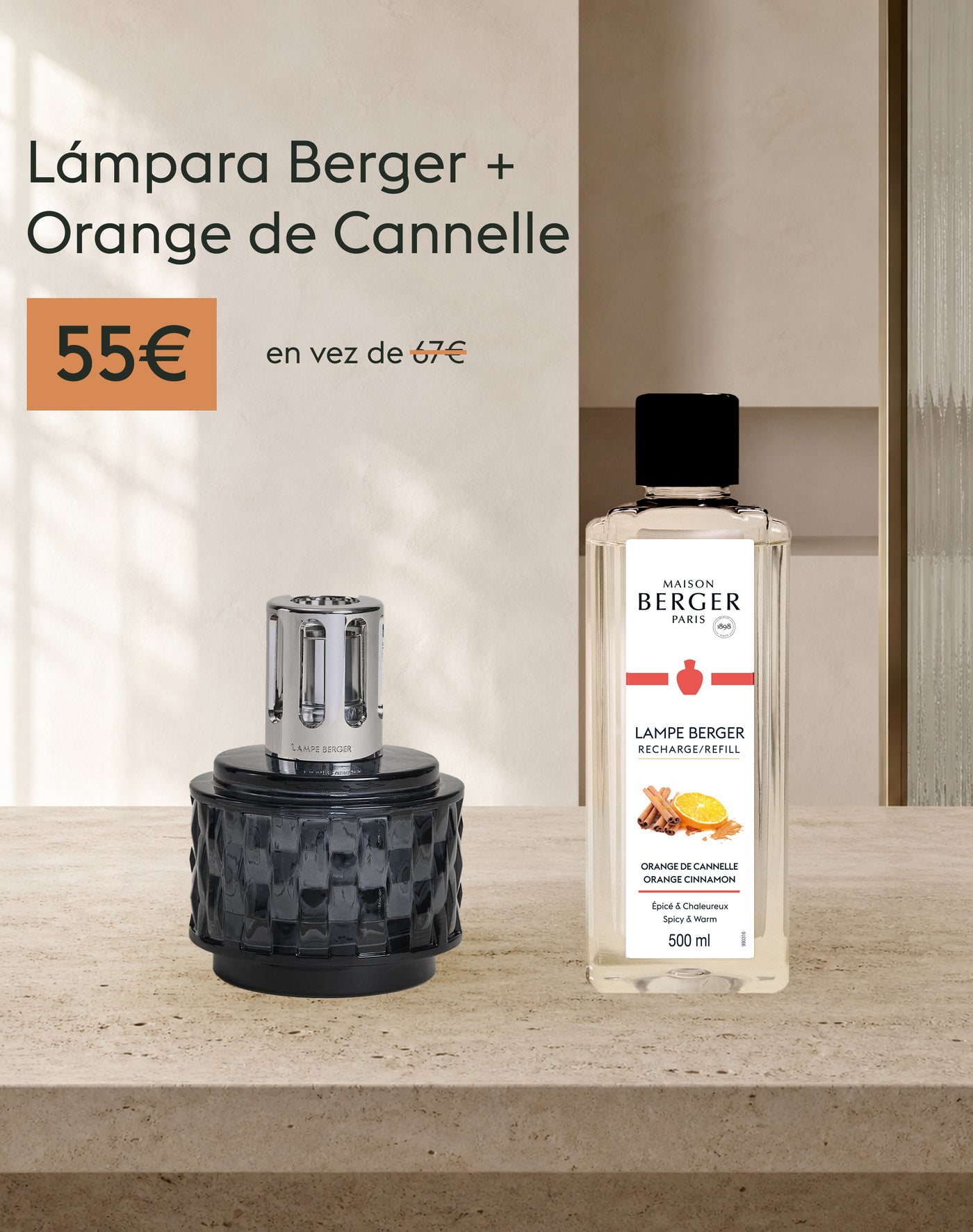 Lámpara Berger Variation Grise + Recarga lámpara Berger Orange de Cannelle 500ml